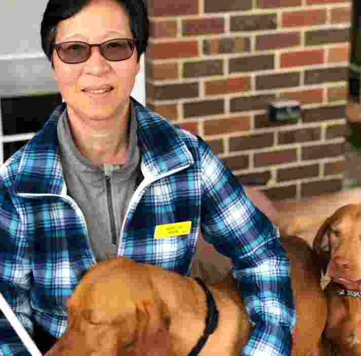 A lady with two guide dogs