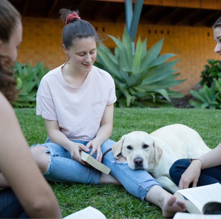 A group of four young adults sitting outside on the grass. There is a yellow labrador dog sitting with them and the dogs head is resting on one of the young adults legs.