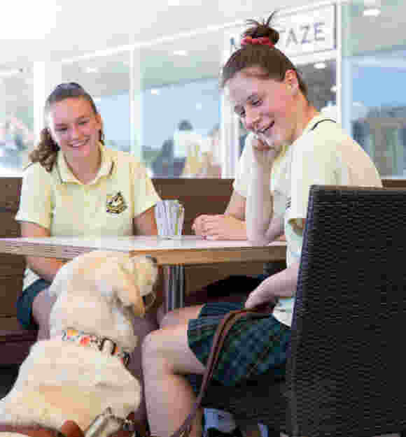 Three students sit at a cafe table with a Guide Dog
