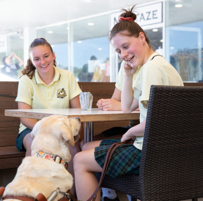 Three students sit at a cafe table with a Guide Dog