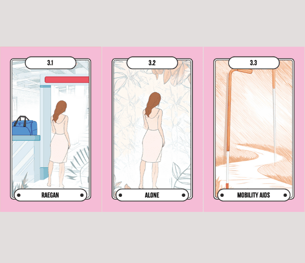 A series of three illustrated flight deck cards displayed side by side. The first shows Raegan at the airport. The second features Raegan with “Alone” at the bottom. The third shows two canes, with 