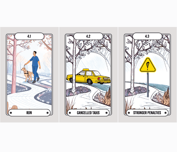 A series of three illustrated flight deck cards displayed side by side. The first shows Ron walking with his yellow Guide Dog in harness along a path outdoors. The second features a yellow taxi with “Cancelled taxis” at the bottom. The third shows a yellow sign with a black exclamation mark in the centre and 