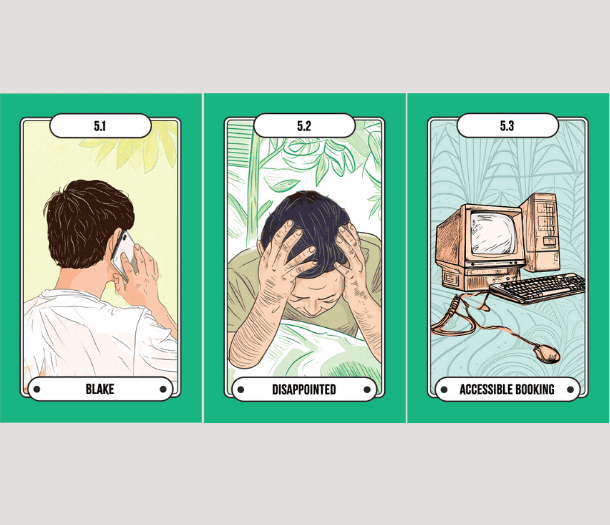 A series of three illustrated flight deck cards displayed side by side. The first shows Ron walking holding a phone up to his hear. The second features a Rpm with his head in his hands and 