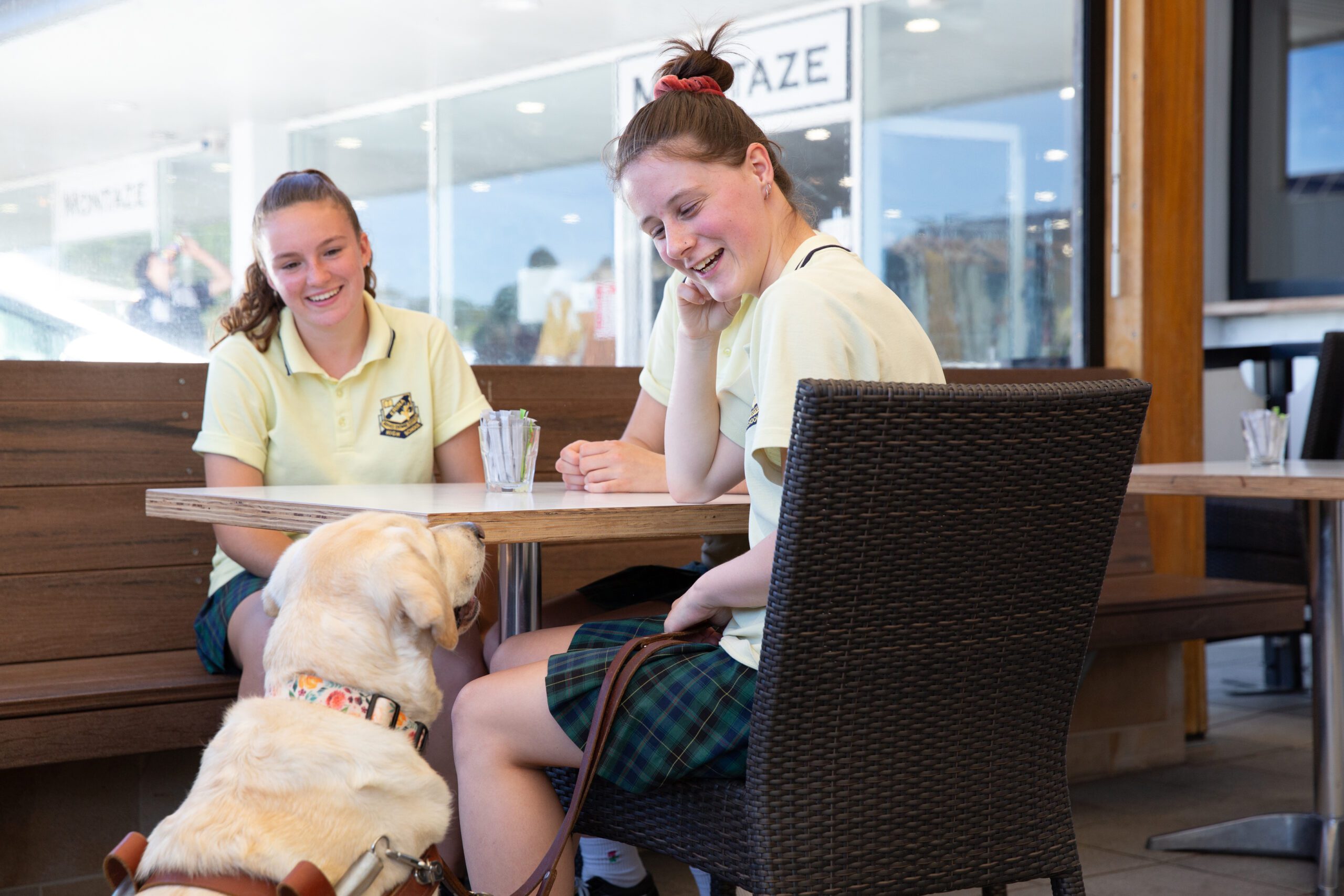 Three students sit at a cafe table with a Guide Dog