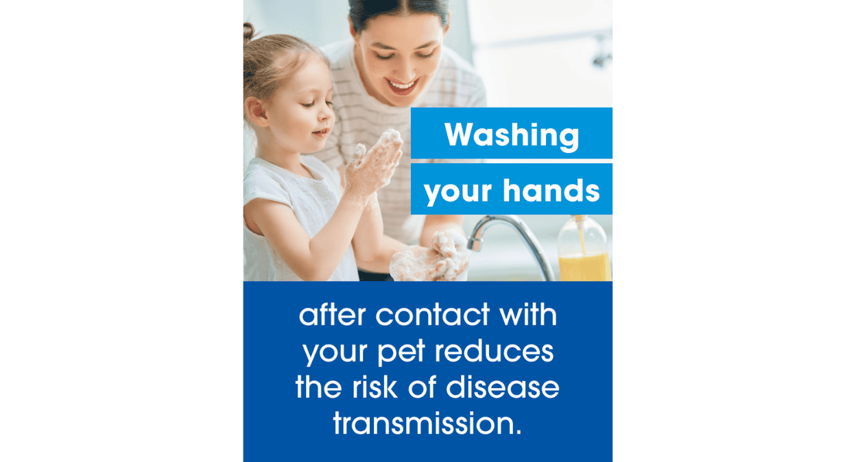 A blue poster featuring a mother and child washing their hands.