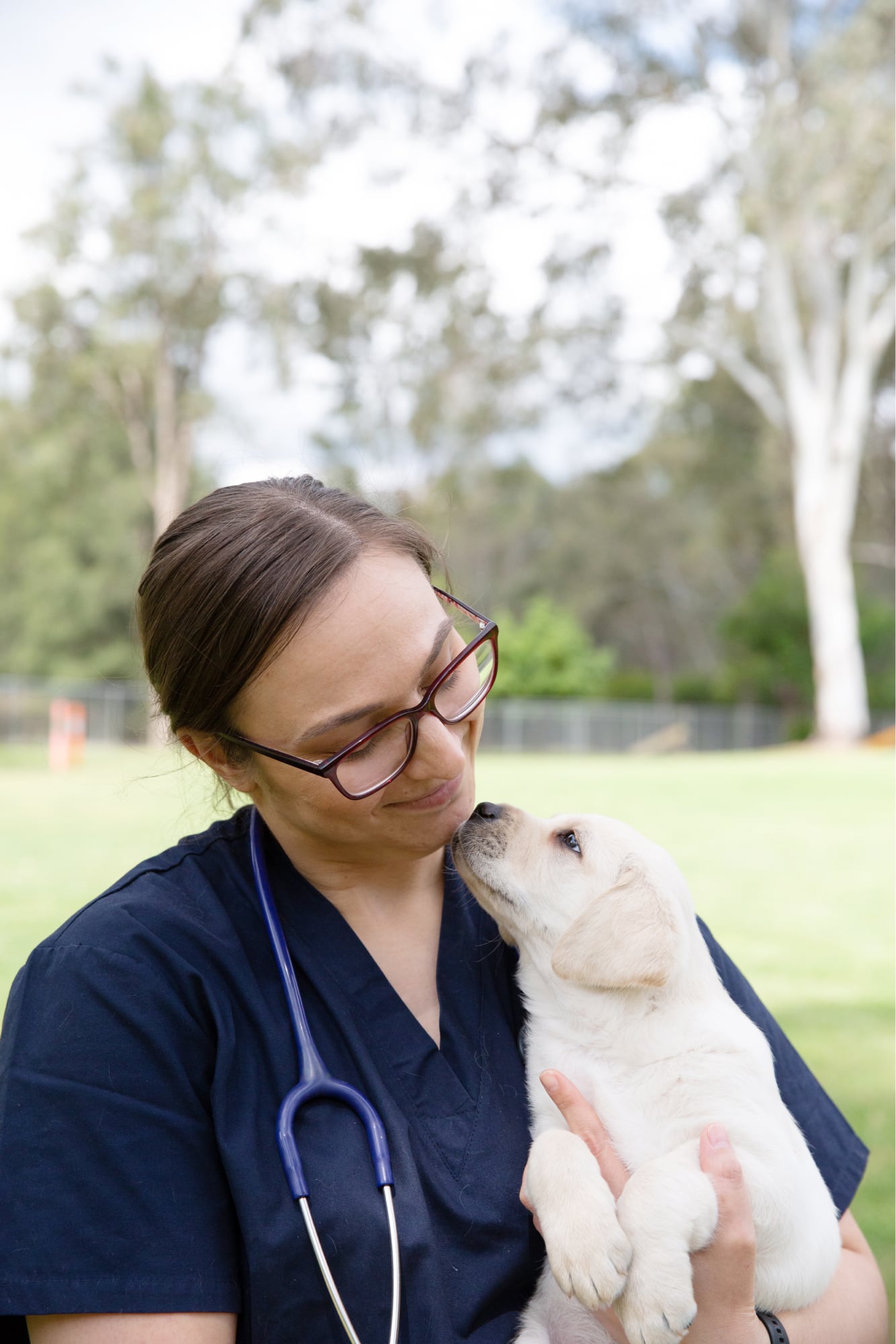 A veterinarian holding an eight week old yellow labrador puppy. The photo is taken outside and the puppy and vet are looking at each other, the veterinarian is smiling at the puppy.
