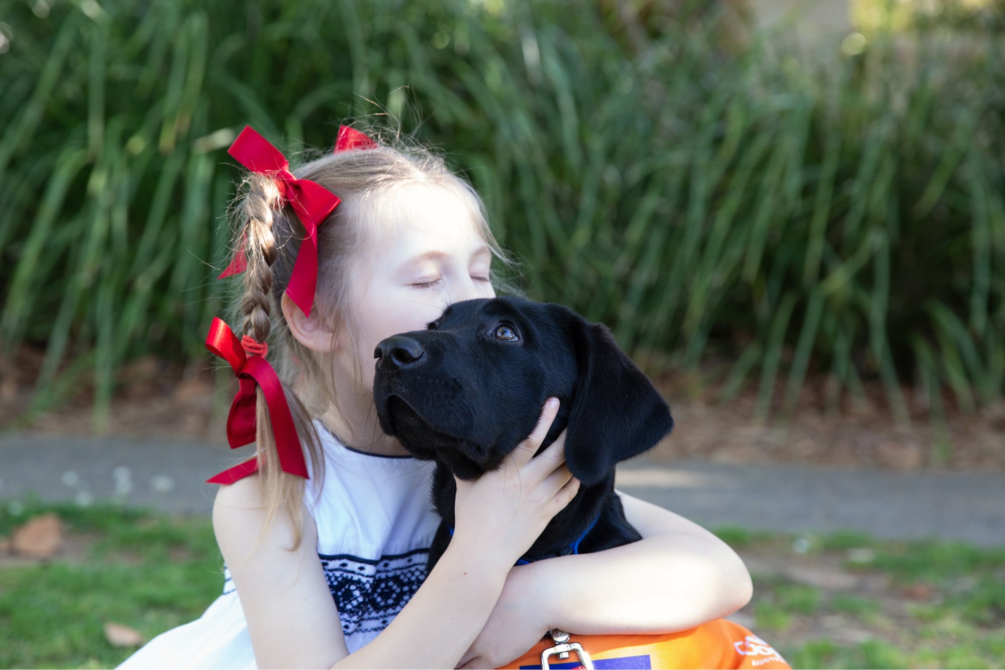 A young child kissing a black twelve week old black labrador puppy. the young child has its eyes closed and the puppy is looking to the left of the camera.