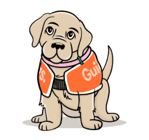 A cartoon dog wearing an orange Guide Dogs jacket
